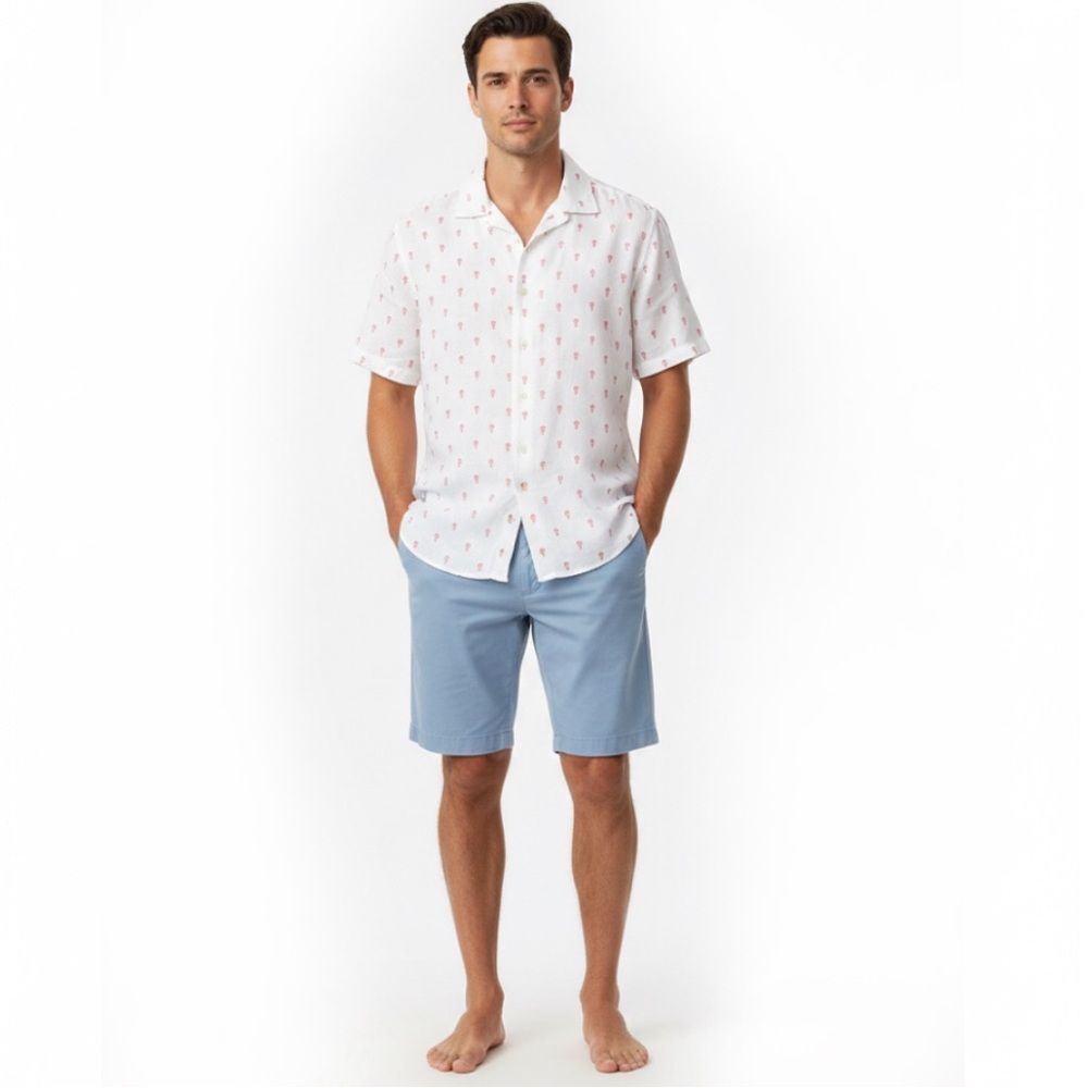 SAKS FIFTH AVENUE Linen Shirt Short Sleeves Cream Red Lobsters Mens Size Large